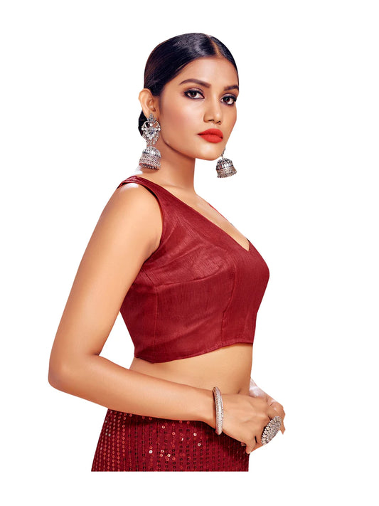Readymade Red Banglori Silk Sleeveless Solid Blouse