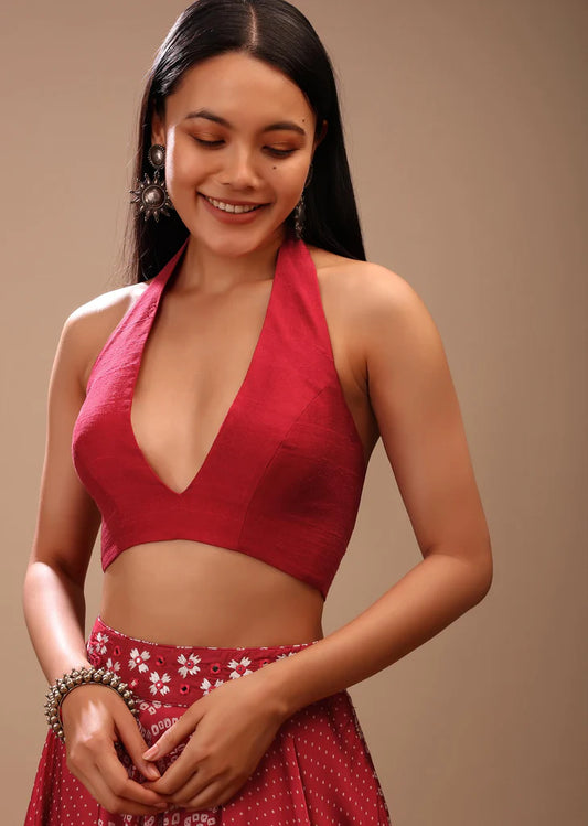 Readymade Red Banglori Silk Sleeveless Solid Blouse