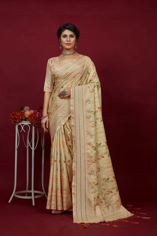 Designer Ethnicwear Copper Cotton Silk Chickankari Embroidery Cut Work Saree