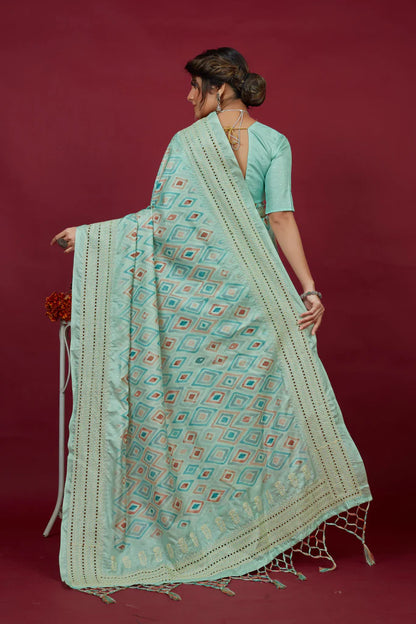 Designer Ethnicwear Aqua Blue Cotton Silk Chickankari Embroidery Cut Work Saree