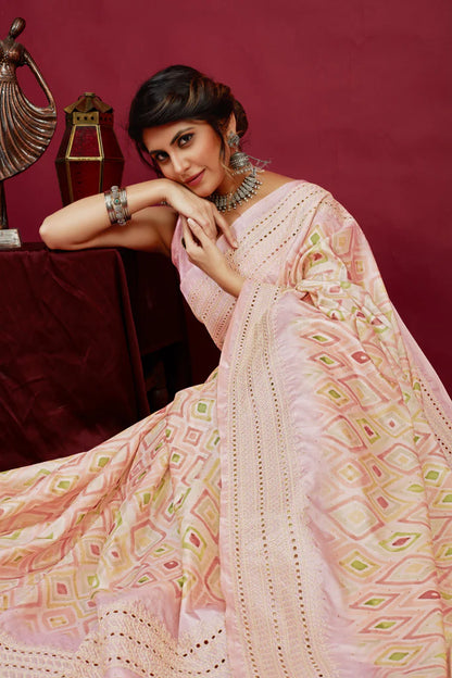 Designer Ethnicwear Pink Cotton Silk Chickankari Embroidery Cut Work Saree