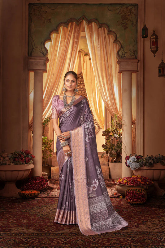 Traditional Ethnicwear Purple Cotton Silk Digital Floral Print Saree
