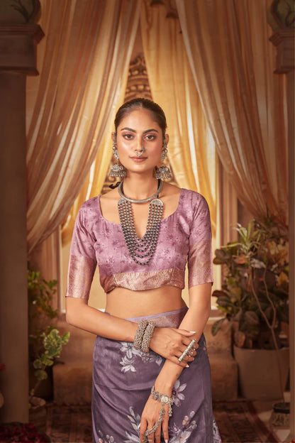 Traditional Ethnicwear Purple Cotton Silk Digital Floral Print Saree