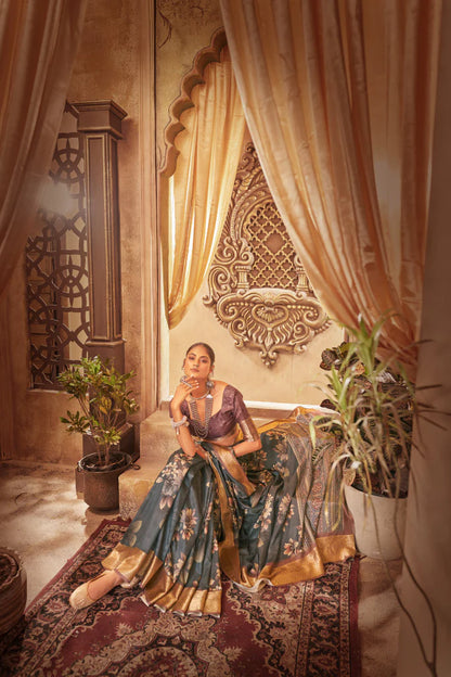 Traditional Ethnicwear Peacock Blue Cotton Silk Digital Floral Print Saree