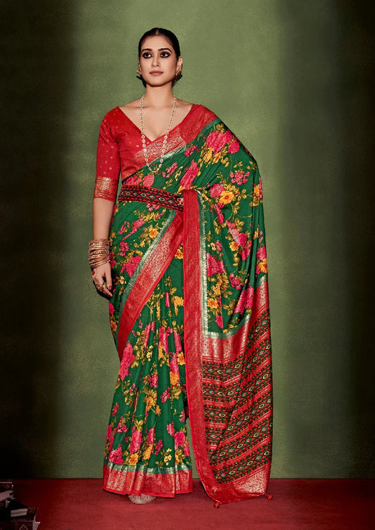 Traditional Ethnicwear Sherwood Green Cotton Silk Floral Print Saree