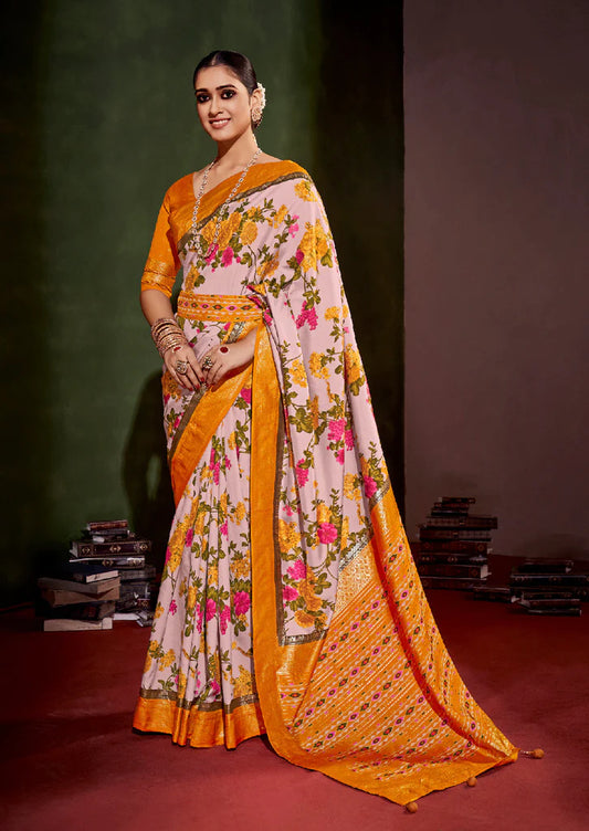 Traditional Ethnicwear Rose Pink Cotton Silk Floral Print Saree