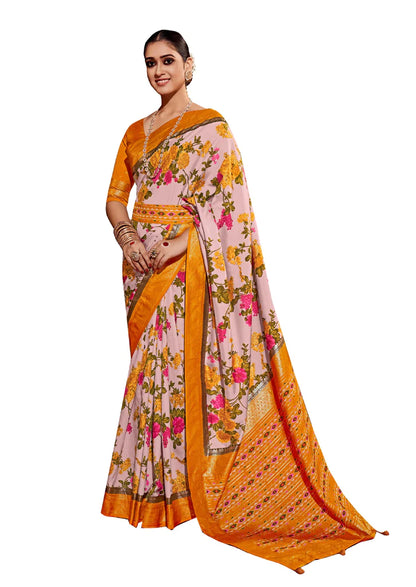 Traditional Ethnicwear Rose Pink Cotton Silk Floral Print Saree