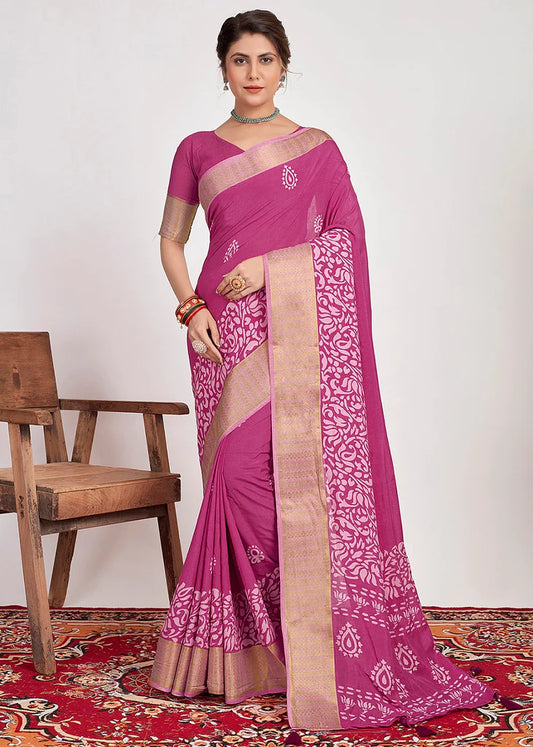 Traditional Ethnicwear Tulip Pink Cotton Silk Batik Print Saree