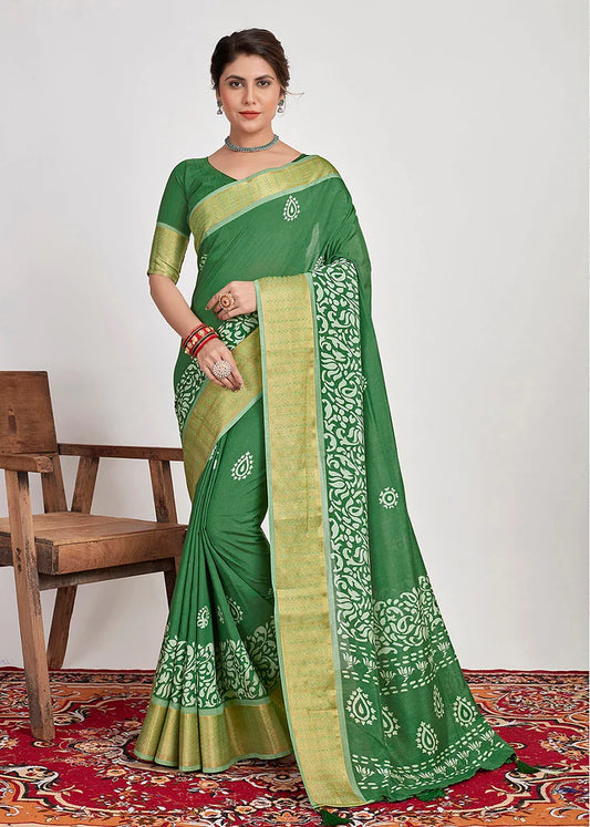 Traditional Ethnicwear Pine Green Cotton Silk Batik Print Saree
