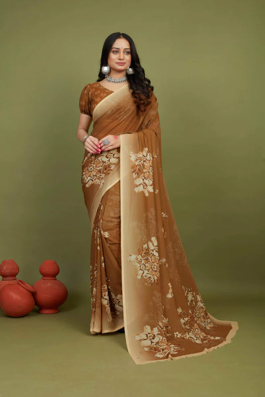 Traditional Ethnicwear Brown Georgette Floral Print Saree