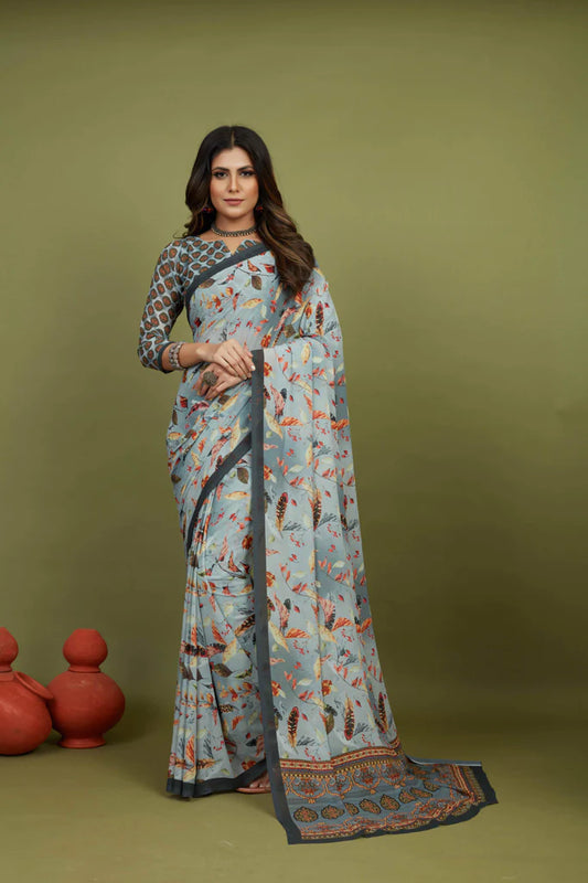 Traditional Ethnicwear Grey Georgette Feather Print Saree