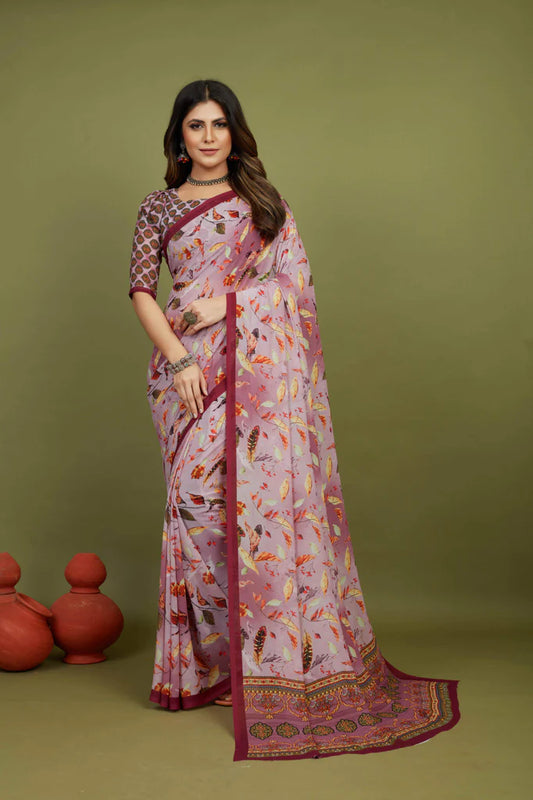 Traditional Ethnicwear Pink Georgette Feather Print Saree