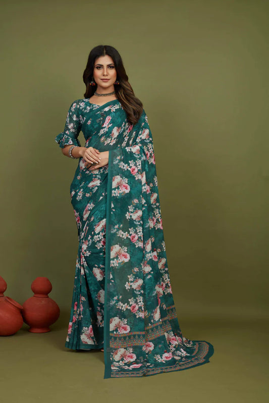 Traditional Ethnicwear Sea Green Georgette Floral Print Saree