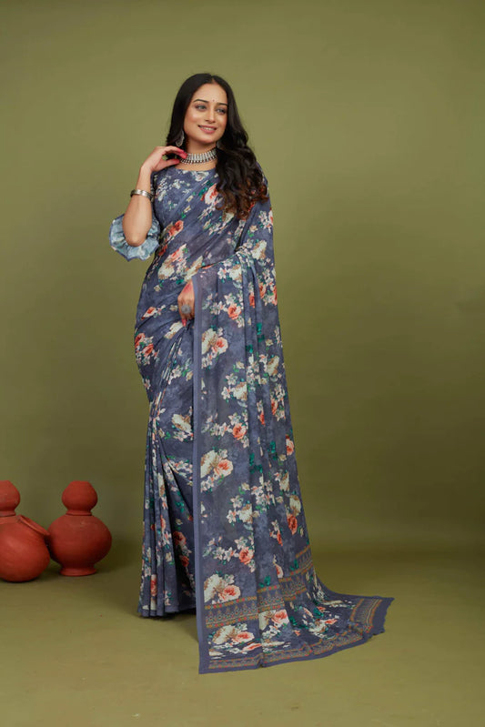 Traditional Ethnicwear Bright Grey Georgette Floral Print Saree