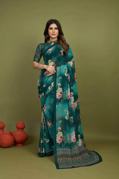 Traditional Ethnicwear Sherwood Green Georgette Floral Print Saree