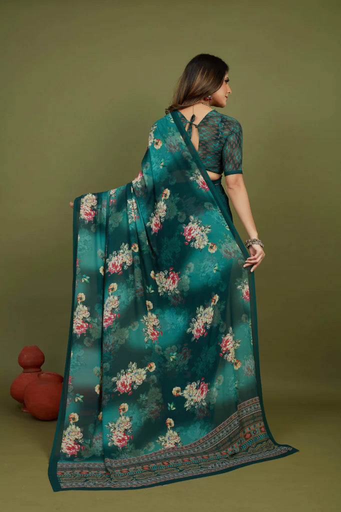 Traditional Ethnicwear Sherwood Green Georgette Floral Print Saree