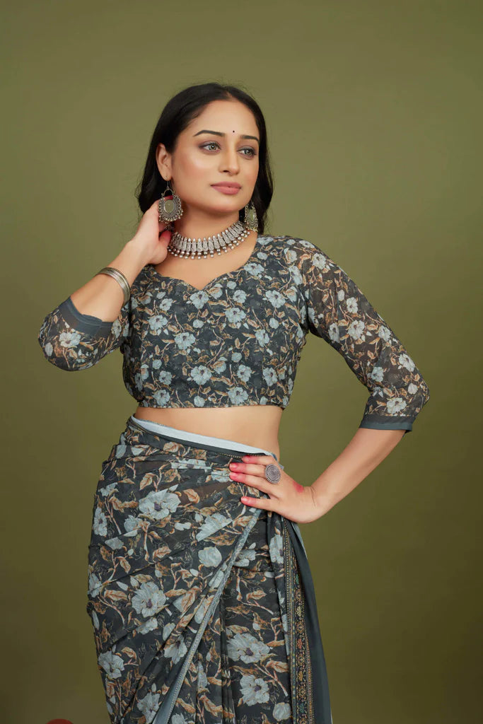 Traditional Ethnicwear Grey Georgette Floral Print Saree