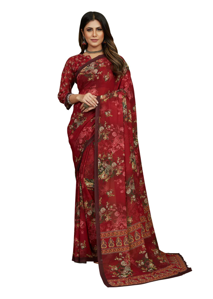 Traditional Ethnicwear Red Georgette Floral Print Saree