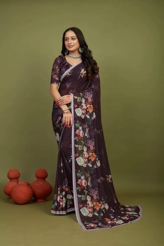 Traditional Ethnicwear Seal Brown Georgette Floral Print Saree