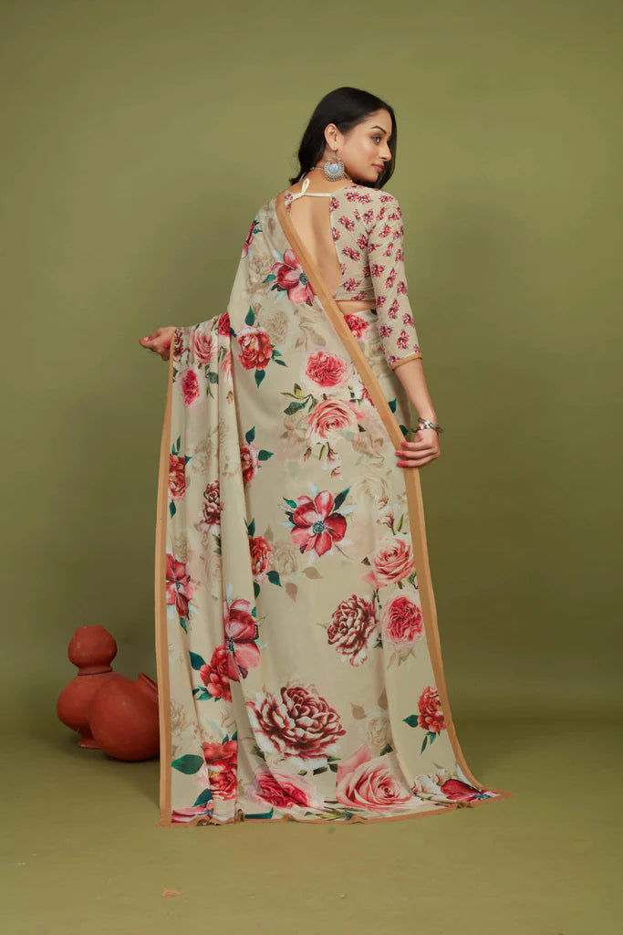 Traditional Ethnicwear Beige Georgette Floral Print Saree