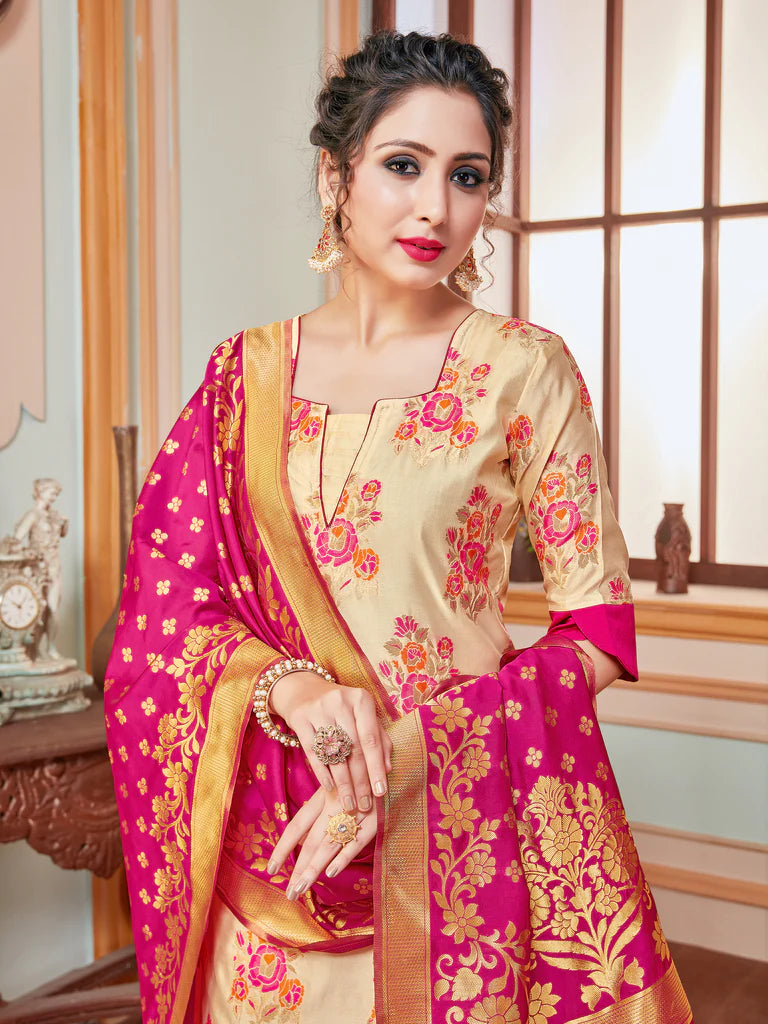 Designer Suit Cream Color Banarasi Art Silk Woven Dress For Festival