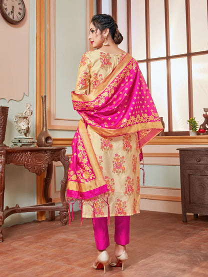 Designer Suit Cream Color Banarasi Art Silk Woven Dress For Festival