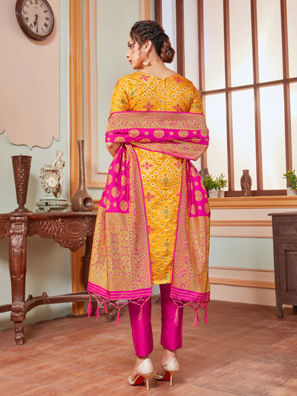 Designer Suit Yellow Color Banarasi Art Silk Woven Dress For Festival