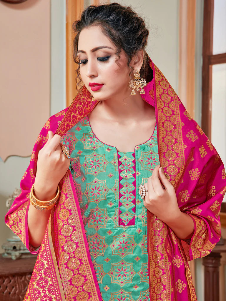 Designer Suit Teal Color Banarasi Art Silk Woven Dress For Festival