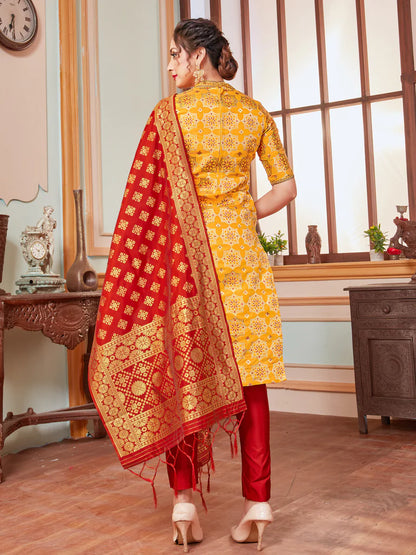 Designer Suit Yellow Color Banarasi Art Silk Woven Dress For Festival