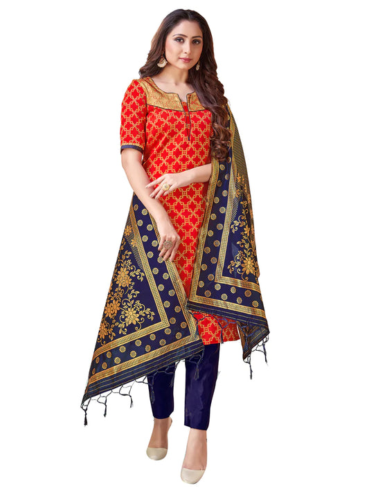 Designer Suit Red Color Banarasi Art Silk Woven Dress For Festival