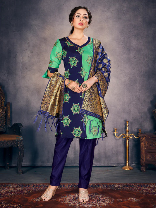 Designer Suit Navy Blue Color Banarasi Art Silk Woven Dress For Festival