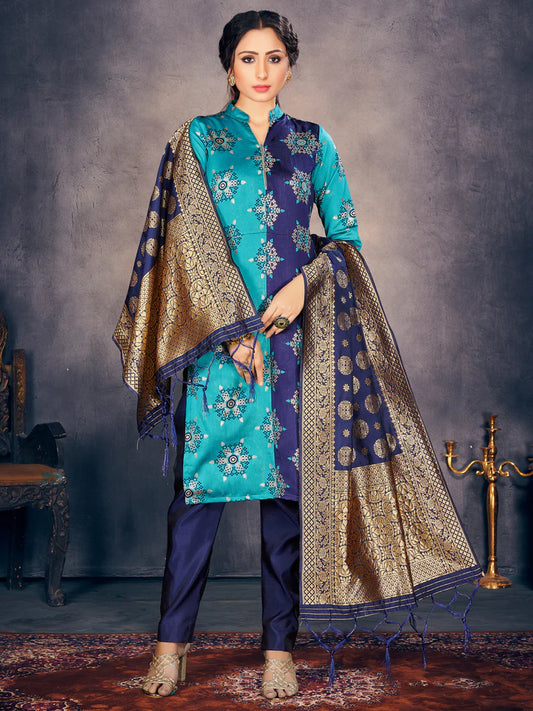 Designer Suit Turquoise Color Banarasi Art Silk Woven Dress For Festival