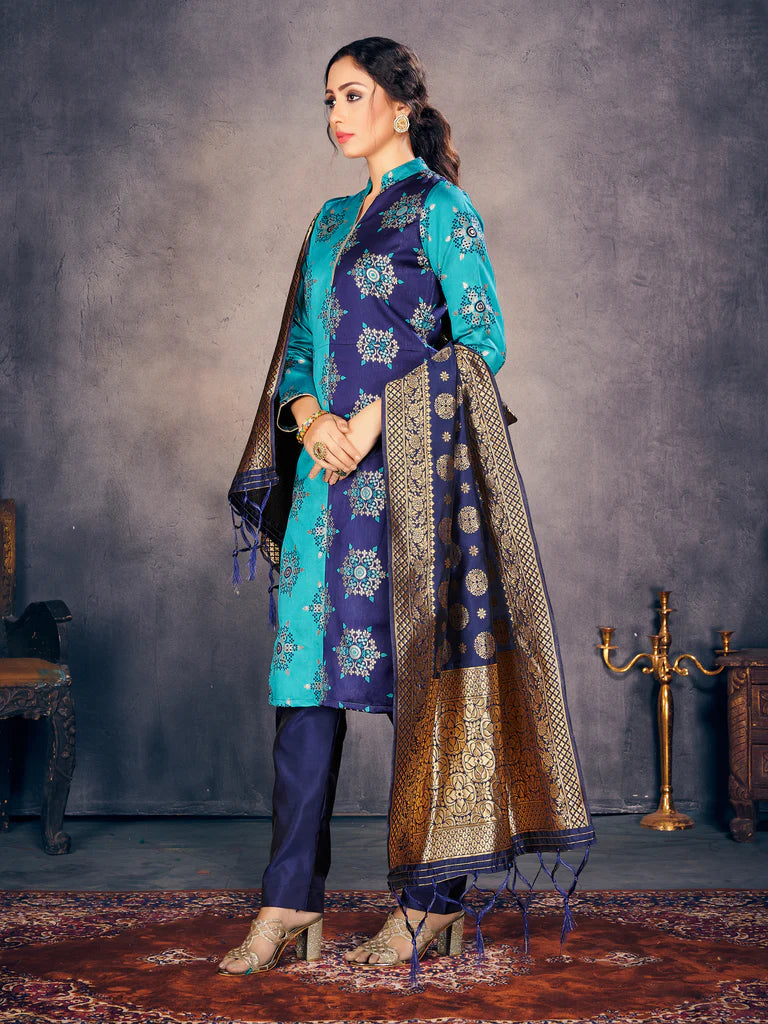 Designer Suit Turquoise Color Banarasi Art Silk Woven Dress For Festival