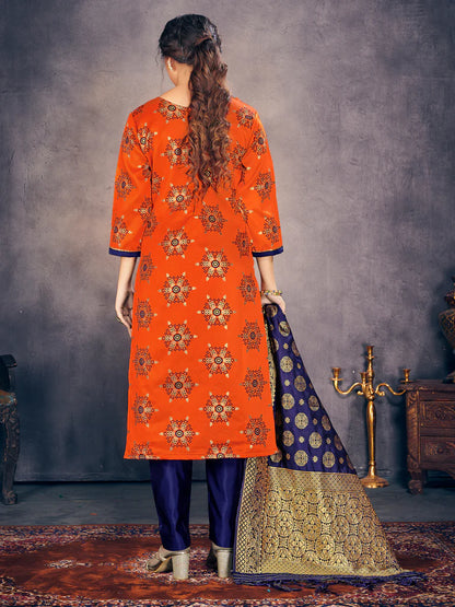 Designer Suit Orange Color Banarasi Art Silk Woven Dress For Festival