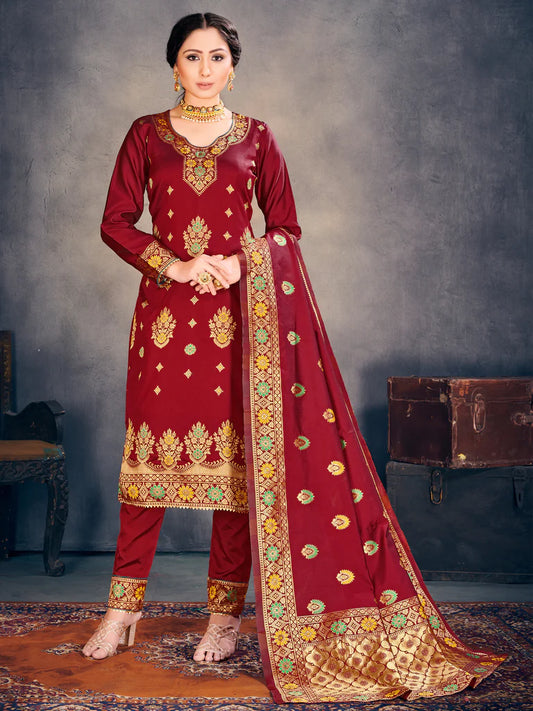Designer Suit Maroon Color Banarasi Art Silk Woven Dress For Festival