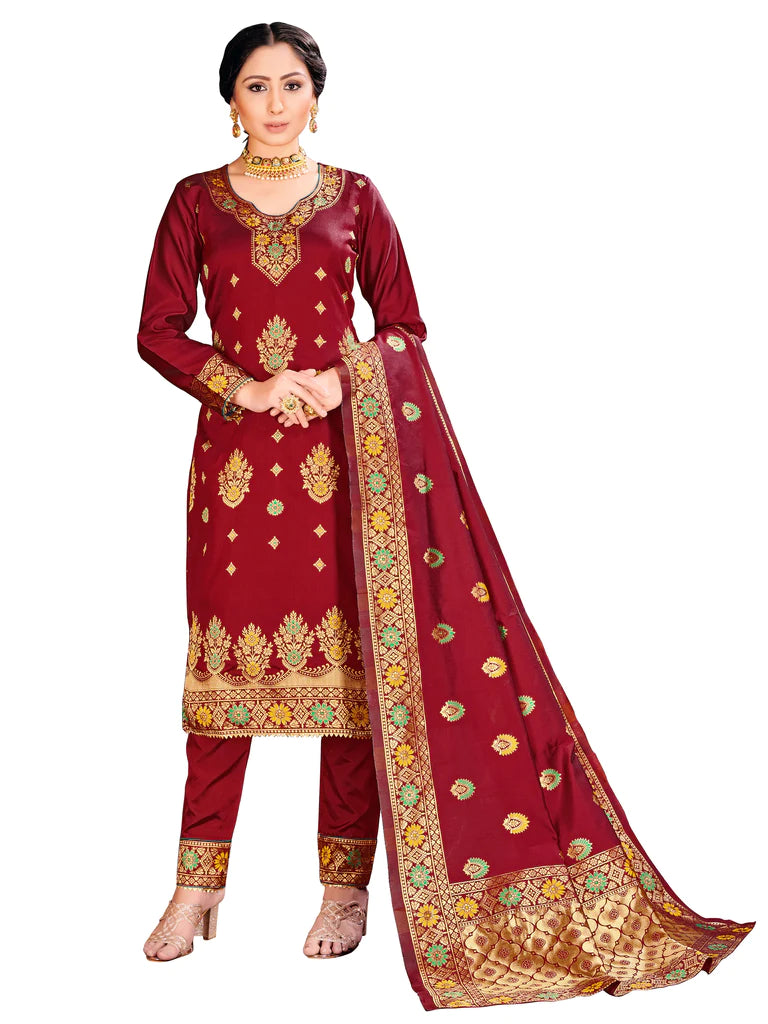 Designer Suit Maroon Color Banarasi Art Silk Woven Dress For Festival