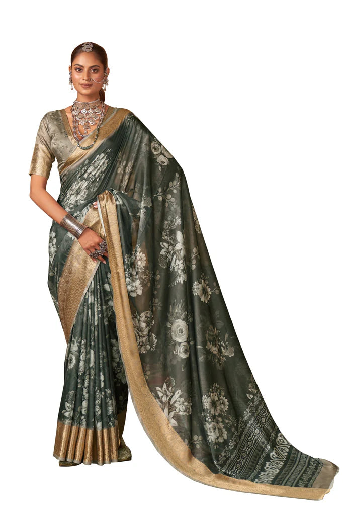 Traditional Ethnicwear Charcoal Grey Cotton Silk Digital Floral Print Saree