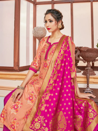 Designer Suit Peach Color Banarasi Art Silk Woven Dress For Festival